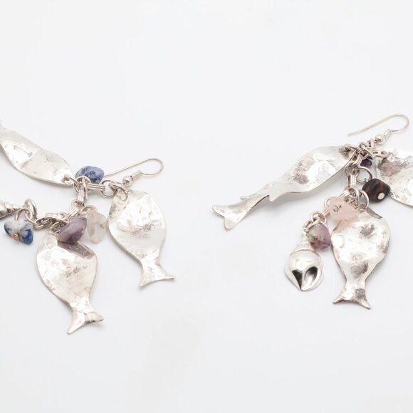 Vintage Sterling Silver Lapis Lazuli Amethyst Fish Dangle Earrings - Picture 3 of 6